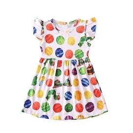 Toddler Girls Caterpillar Printed Dresses Ruffle Bottom Flutter Sleeve Apparel 5-6Y
