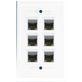RiteAV - (1 Gang Flat) 6 Port Cat6a Ethernet Shielded Wall Plate White