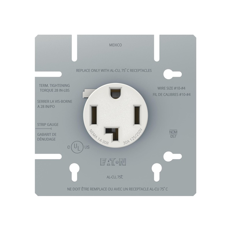 Eaton NEMA 14-30R Dryer Receptacle 30 Amp 125/250V 3P4W White