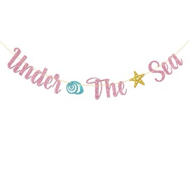 MonMon & Craft Under the Sea Banner / Mermaid Theme Baby Shower Birthday Wedding Engagement Party Decor / Ocean World Sign 1st Birthday Party Decorations - Pink Glitter