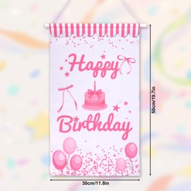 Tinoaly Pink Happy Birthday Door Sign, 19.7x11.8in Pink Bow and White Banner for Front Door Wall Decor Party Decoration Supplies for Girls Women Indoor & Outdoor Celebration