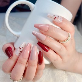 24 Pcs Press on Nails Coffin Medium Pink False Nails with Spun Gold Heart Designs Red Brown Pink Full Cover Artificial Glue on Nails Natural Stick on Nails for Women