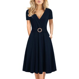 Women's Elegant Criss-Cross V Neck Vintage Short Sleeve Work Casual Party Swing Tea Dress with Pockets 980 (M, Navy Blue)