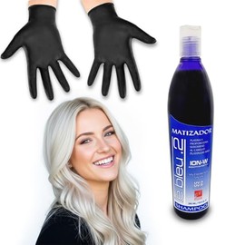 Shampoo matizador plata Le Bleu morado neutraliza tonos amarillos y naranjas en cabello rubio, platinado, beige, o canoso, sin sal, sin parabenos, con protección UV + Guantes de Aplicacion ALFAMAR