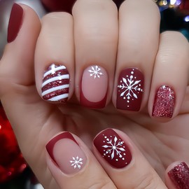 24 Pcs Christmas Press on Nails Short Square French Fake Nails with White and Red Stripes Designs Winter Snowflake False Nails Full Cover Red Glitter Stick on Nail Sparkly Acrylic Nails for Women