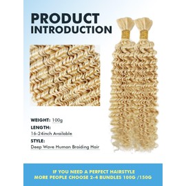 Human Braiding Hair for Boho Braids 100g 18 Inch 613 Blonde Brown Curly Boho Hair for Braiding Knotless 12A Deep Wave Bulk Bohemian 2 Bundles/Pack Color 613
