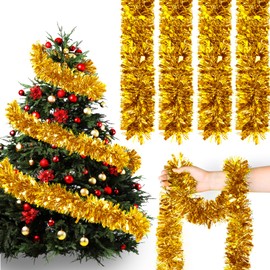59 Feet Christmas Tinsel Garland Metallic Glitter Tinsel Twist Garland Streamer Metallic Hanging Garland Xmas Ornaments for Christmas Tree Party Supplies Indoor Outdoor Decoration (Gold)