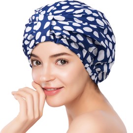 YFONG Reusable Shower Cap for Women, Waterproof & Durable Bath Cap with Double layer Lined, Adjustable Hair Cap for All Hair Lengths, Large Bathing Hat (blue)