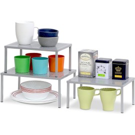 Simple Houseware Metal Top Expandable Stackable Kitchen Cabinet and Counter Shelf Organizer, Silver