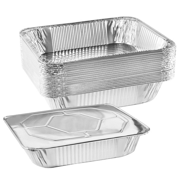 NYHI 9" x 13 ” Aluminum Foil Pans With Lids (10 Pack) | Durable Disposable Grill Drip Grease Tray | Half-Size Deep Steam Pan and Oven Buffet Trays | Food Containers for Catering, Baking, Roasting'