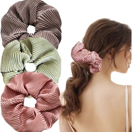 3 Piece Spring Women's Large Scrunchies for Thin Thick Curly Hair, Soft Pearl Stripe Wrinkle Large Hair Ties, Elegant Floral hair bands ponytail with Summer (5.9inches Pink Green Purple)