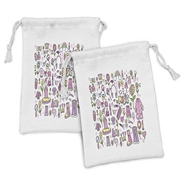 Lunarable Cartoon Fabric Pouch Set of 2, Spring Cartoon Girlie Doodle Style Illustration Clothes Cellphone Makeup, Small Drawstring Bag for Toiletries Masks and Favors, 9" x 6", Pink Purple Yellow