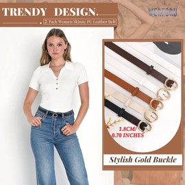 WERFORU 2 Pack Women's Skinny PU Leather Belt with Gold Buckle Ladies Thin Leather Leather Plus Size Waist Belt for Jeans Dress,Fit Waist Size 38-42 Inches,Black+Brown-