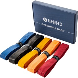 Raquex Racket Ridged Overgrip Tape - 5 Pack Racquet Over Grip Tape Anti Slip - Tennis, Badminton, Squash – Black, Blue, Red, Yellow, Orange – Recyclable cardboard outer packaging