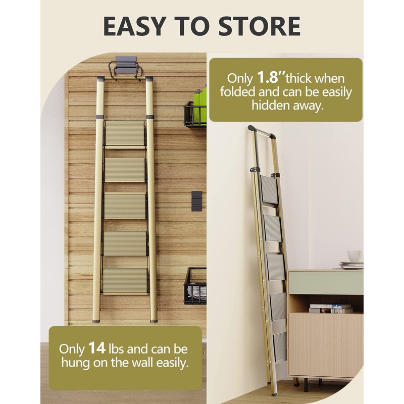 5 Step Ladders for Home, 300lbs Load, 46'' Top Step,