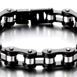 COOLSTEELANDBEYOND Masculine Mens Bike Chain Bracelet of Stainless Steel Black Silver Two-Tone High Polished(CA)