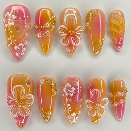 24Pcs Flower Press on Nails Medium Almond Fake Nails with 3D Pearl Charms Design Glossy Orange Full Cover Stick on Nails Handmade False Nails Spring Summer DIY Manicure for Women Acrylic Nails