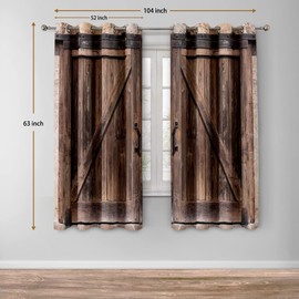 Jekeno Rustic Wood Blackout Curtains Vintage Wooden Barn Door Farmhouse Home Bedroom Living Room Decor Brown Grommet Window Drapes 2 Panel Set, 52"x63"