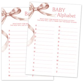 TRKAE Baby Alphabet Baby Shower Game Set, 30 Pink Bow Baby Shower Game Cards, Game Cards for Baby Announcement Gender Reveal, Baby Shower Party & Activities Supplies -P14
