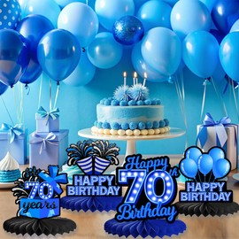 Happy 70th Birthday Honeycomb Centerpieces 9Pcs Stylish Sophisticated Blue Neon Theme Table Decor for Boys Girls Birthday Party Celebration Favors Decorations Photo Props Supplies - BECKTEN