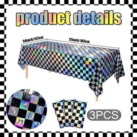 UgyDuky 3 Pack Black and Iridescent Checkered Plastic Tablecloth Shiny Disposable Laser Rectangle Table Covers Holographic Foil Tablecloth Iridescent Party Decoration for Picnic Camping Race Car Party