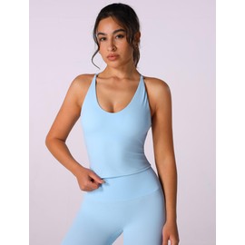 ABOCIW Womens Longline Sports Bras V Neck Workout Yoga Gym Athletic Tops Clothes Shirts Camisole Padded Crop Tank Tops with Built in Bra Sky Blue S