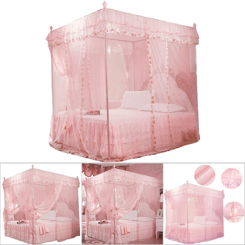 Luxury Princess 3 Side Openings Post Bed Curtain Canopy Netting