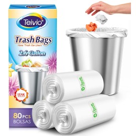 2.6 Gallon 80 Counts Strong Trash Bags Garbage Bags by Teivio, Bathroom Trash Can Bin Liners, Small Plastic Bags for Home Office Kitchen,fit 10 Liter, 2,2.5,3 Gal, Clear