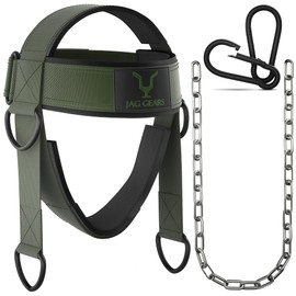 JAG GEARS Neck Trainer Neck Training - 7 mm Neoprene Padded Neck Trainer with 110 cm Long Adjustable Steel Chain Head Harness for Neck Training - Head Harness for Gym, Weight Training (Green)