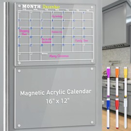 Magnetic Acrylic Calendar Dry Erase Board for Fridge, 16"X 12" Clear 2 Set Acrylic Calendar Planner Reusable Whiteboard for Refrigerator, Includes 6 Magnetic Marks 6 Colors