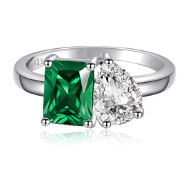 BONLAVIEGEM Toi Et Moi Ring 925 Sterling Silver Women Engagement Ring White Gold Plated 1.5ct 6x8mm Double Stone Ring Emerald & Pear Cut Cubic Zirconia Wedding Band Width Band 2mm Size 8