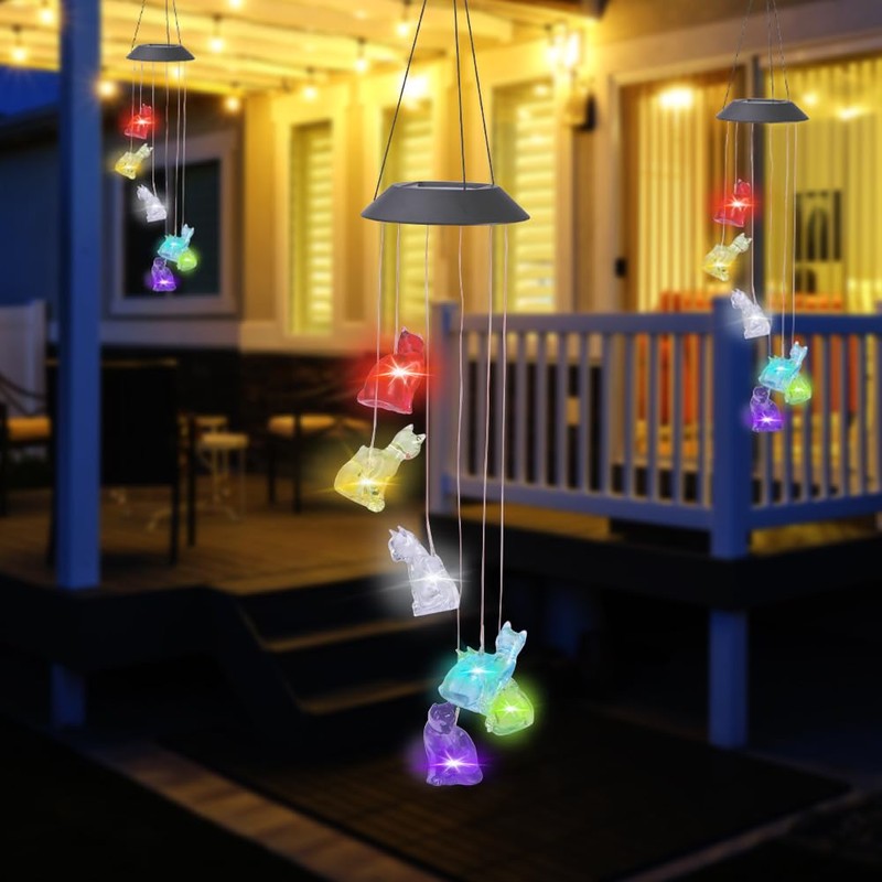 Solar Cat Wind Chimes, 6 LED Cat Memorial Wind Chimes