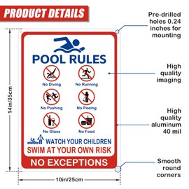 Pool Rules Large Sign, 10x14 Inches Warning Swim At Your Own Risk Signs, NO Diving No Running No Pushing No Peeing No Glass No Food, Rust Free .040 Aluminum, for Pools Water Parks Outdoor