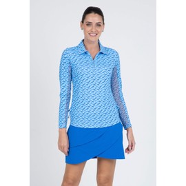 IBKUL Fatima Print Adjustable Length Long Sleeve Polo, Icefil Cooling, UPF50+, Moisture-Wicking – 48870 Blue/Peri Fatima M