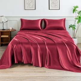 LIFCOM Satin Sheets Set,Soft Satin Bed Sheets Full Size Set,4Pcs Luxury Silky Bedding Set with 15 Inches Deep Pocket for Mattress(Full, Wine Red)