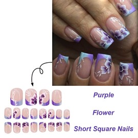 Gradient French Tip Press on Nails Short Square Fake Nails Purple Flower Stick on Nails Spring Acrylic Glue on Nails Glossy Artificial Nails Full Cover False Nails Reusable Nails for Women Girls 24Pcs