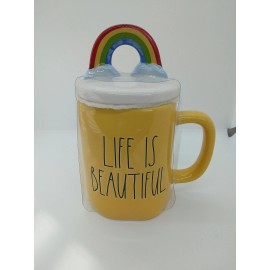 Rae Dunn LIFE IS BEAUTIFUL Mug Rainbow Topper Covered Yellow St. Patrick's Day