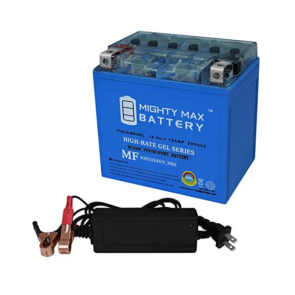 Mighty Max Battery YTX14-BSGEL Replaces Yamaha YFM350F U Big Bear 96 + 12V 2Amp Charger