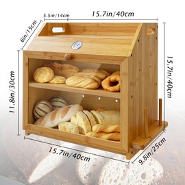 Double Layer Bamboo Bread Box, Thermometer Bread Box with Knife Holder-Cutting Board Rack-Air Vents Keep Bread Fresh, Farmhouse Breadbox Organizer for Kitchen Counter Corner,Cabinet-Assembly Required