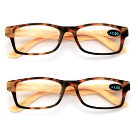 V.W.E. 2 Pairs of Wood Grain Printed Temple Arm Reading Glasses - Spring hinge men women readers (2 Tortoise, 1.50)