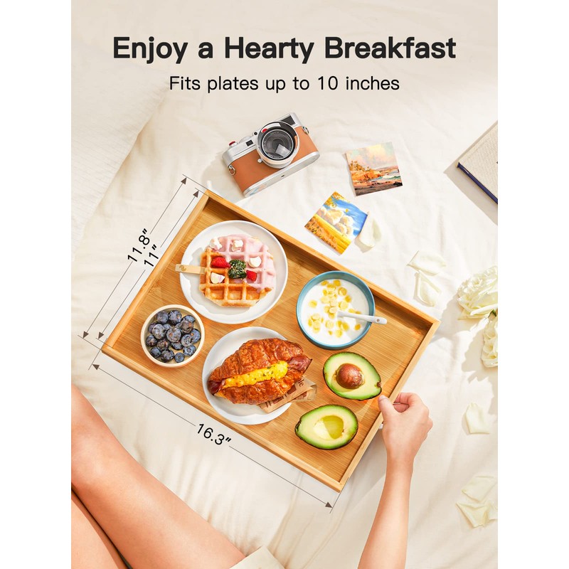 Pipishell Bamboo Bed Breakfast Tray with Foldable Legs, Handles, Ideal