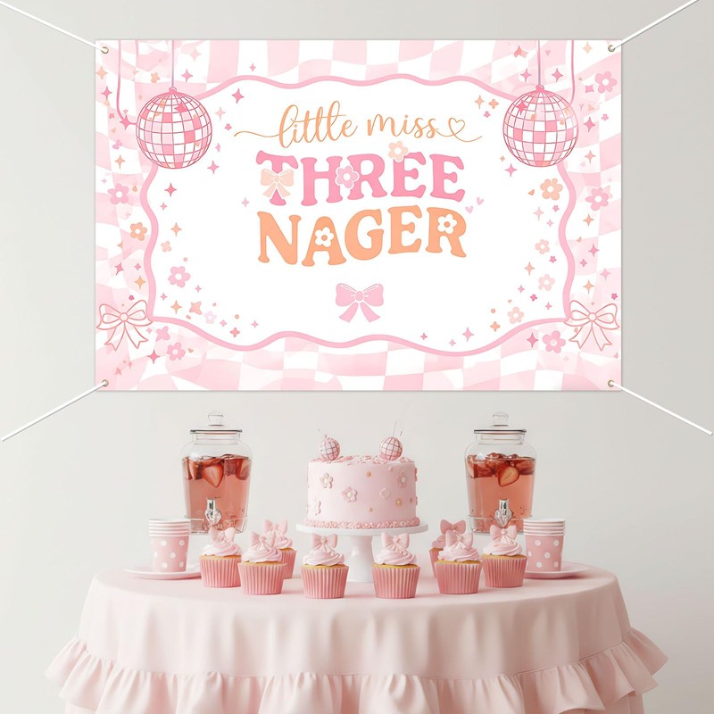 Little Miss Threenager Backdrop Disco Theme 3rd Birthday Banner 5x3ft