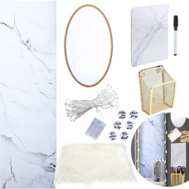 Harloon 13 Pcs School Locker Organizer Decorating Set Include Magnetic Wallpaper Mirror Cup Faux Fur Cushion Battery Powered String Lights 6 Magnets (Marble)
