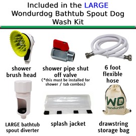 Wondurdog LARGE Sized Bathtub Spout and Garden Hose Attachment Dog Wash Kit w/Splash Shield and Rubber Scrubbing Teeth. Tub Spouts with Front Pull Up Diverter Only. Max Height 3.20". Home Pet Grooming