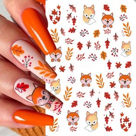 5 Sheets Maple Leaf Nail Art Stickers 3D Self-Adhesive Nail Decal with Yellow Leaf Sunflower Pumpkin Squirrel Nail Art Design Autumn Thanksgiving Nail Decoration for Women Girls