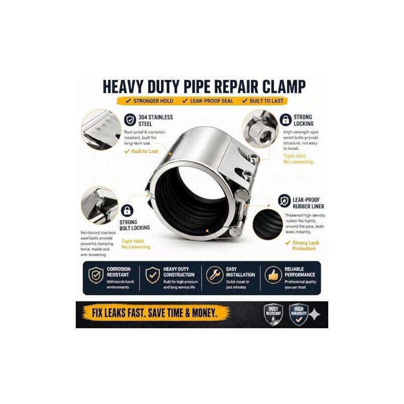 Pipe Repair Clamp，3 inch(74mm-79mm) Stainless Steel Leak Sealer, Heavy Duty