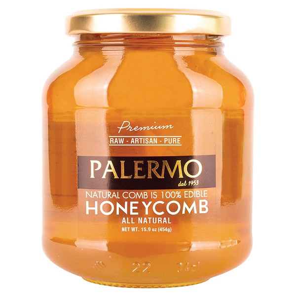 Palermo Premium Honey With Comb, 100% Edible, All Natural, Raw, Artisan, Pure HoneyComb 15.9 Glass Jar