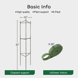 GROWNEER 12 Packs 51 Inches Tomato Cages, Tomato Trellis Tomato Plant Cage, Plant Stakes Supports with 36pcs Clips, 78in Garden Tie and 328ft Twist Tie, for Garden Vertical Vegetable Climbing Plants