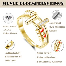 Estrellique Silver 925 Anti-Stress Rings for Anxiety Women Children Men, 925 Sterling Silver Anxiety Rings, Adjustable Anxiety Fidget Rings with Zirconia, Gold Decompression Ring with 8 Spinning Beads