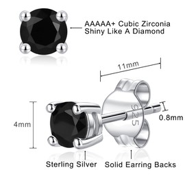 LUCKMORA 925 Sterling Silver Cubic Zirconia Earrings Studs for Men Hypoallergenic Nickel Free Earrings for Women Princess Round Cut (Black-4mm)